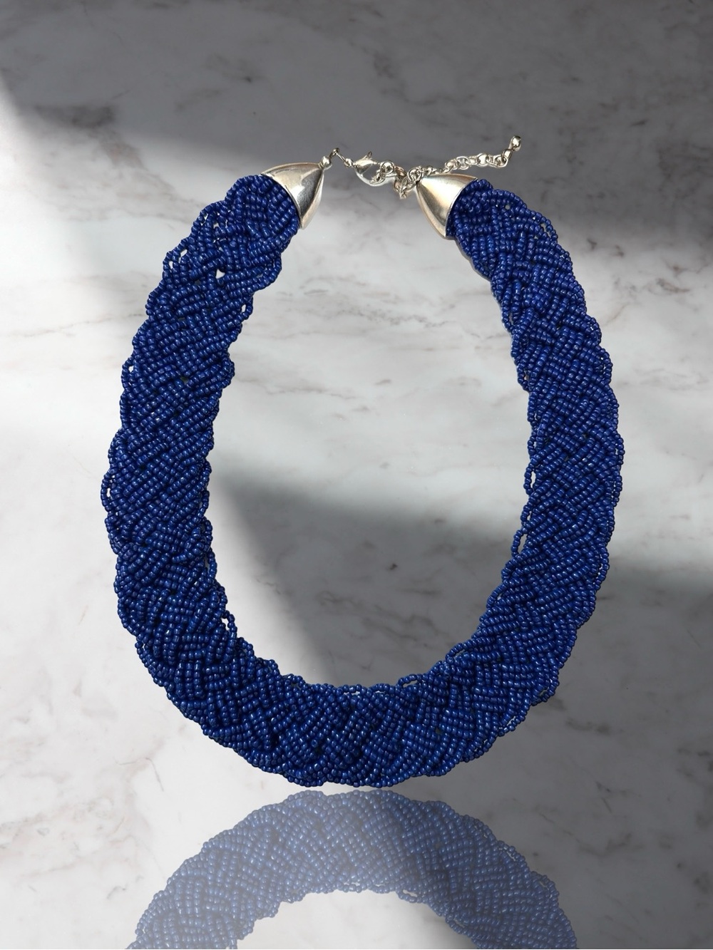 Handcrafted Braided Rope Necklace With Navy Glass Seed Beads, Flat, Comfy